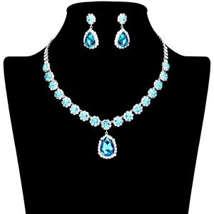 Floral Rhinestone Pave Glass Teardrop Statement Necklace